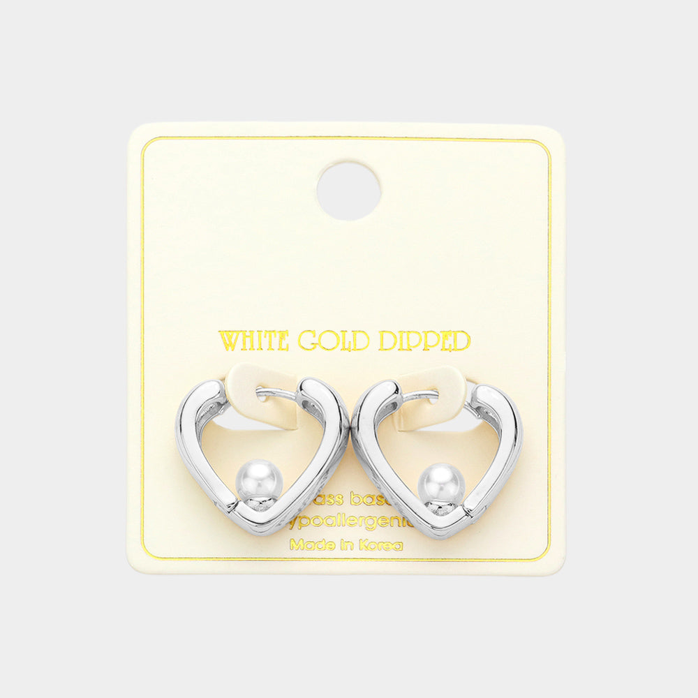 Silver White Gold Dipped Love Pearl Huggie Earrings