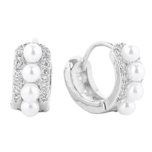 Load image into Gallery viewer, Silver White Gold Dipped Pearl Eternity Huggie Earrings
