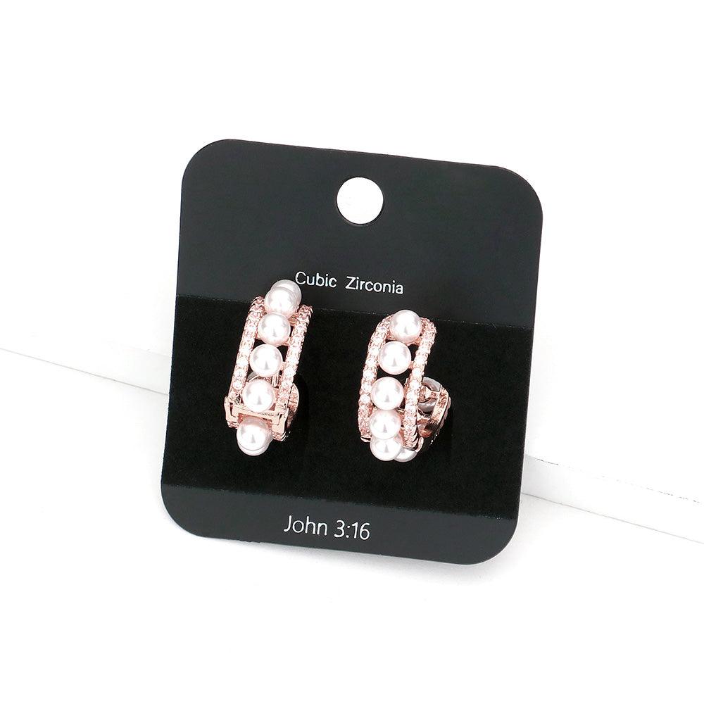 Rose Gold CZ Stone Pave Pearl Huggie Earrings