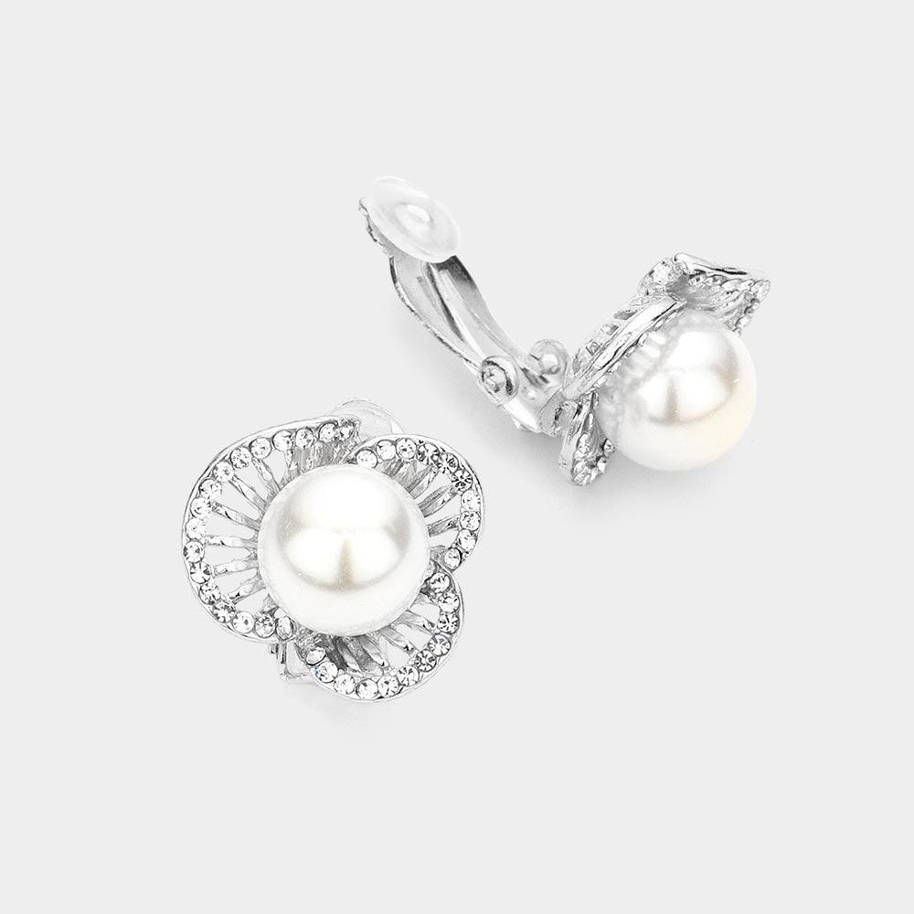 White Pearl Evening Clip On Earrings