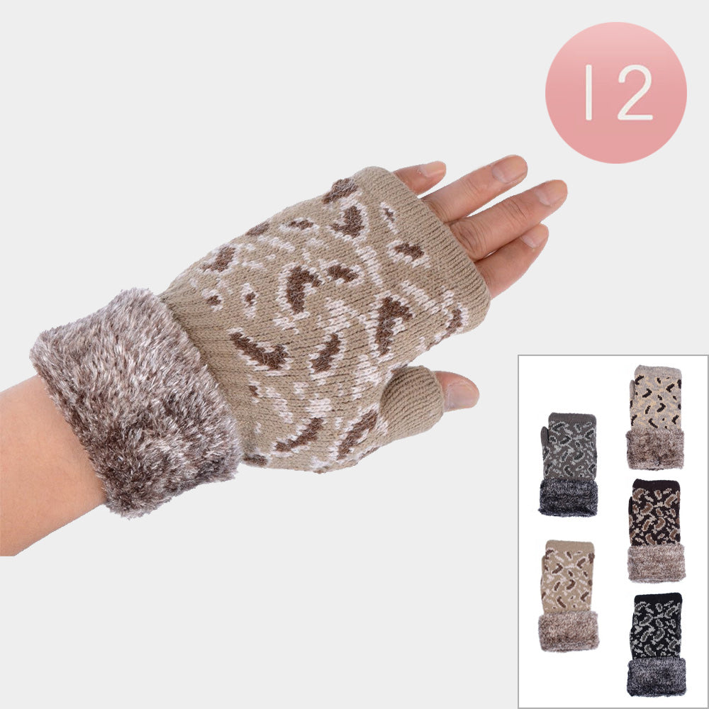 Leopard Pattern Knit Fur Fingerless Gloves 12 PCS