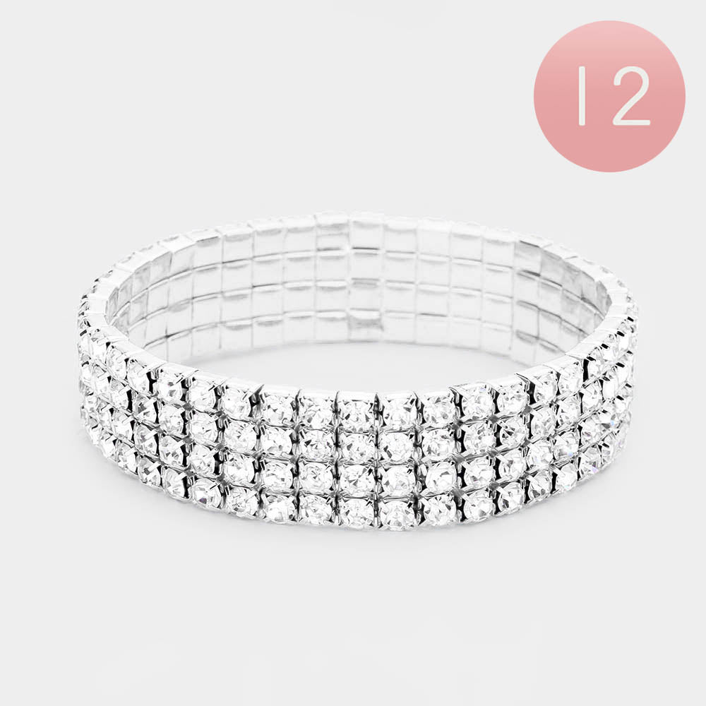 Clear 12PCS  4Rows Rhinestone Tennis Stretch Bracelets