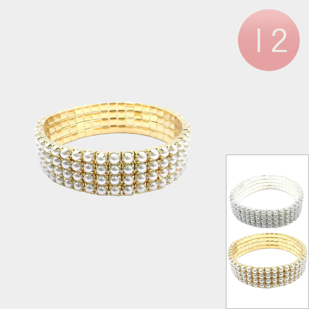 White 12PCS - 4Rows Pearl Tennis Stretch Bracelets