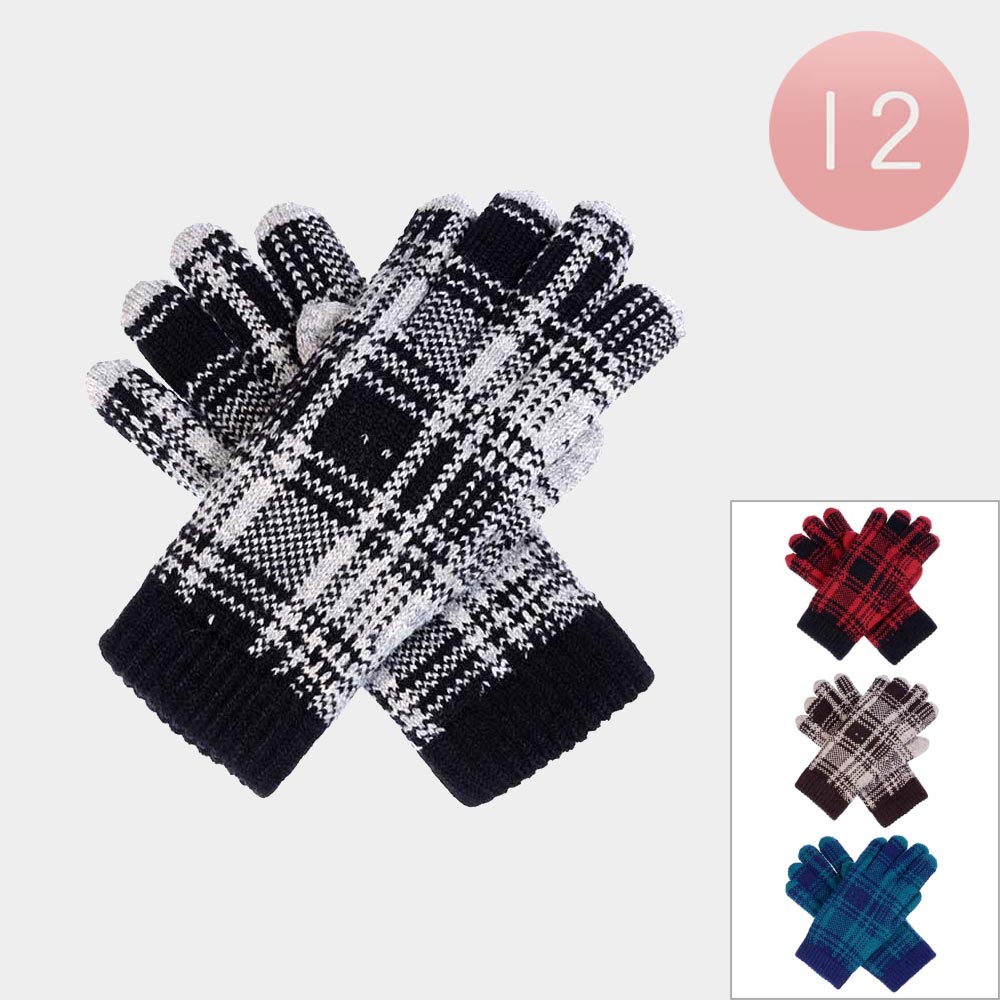 Plaid Check Patterned Gloves 12 Pairs