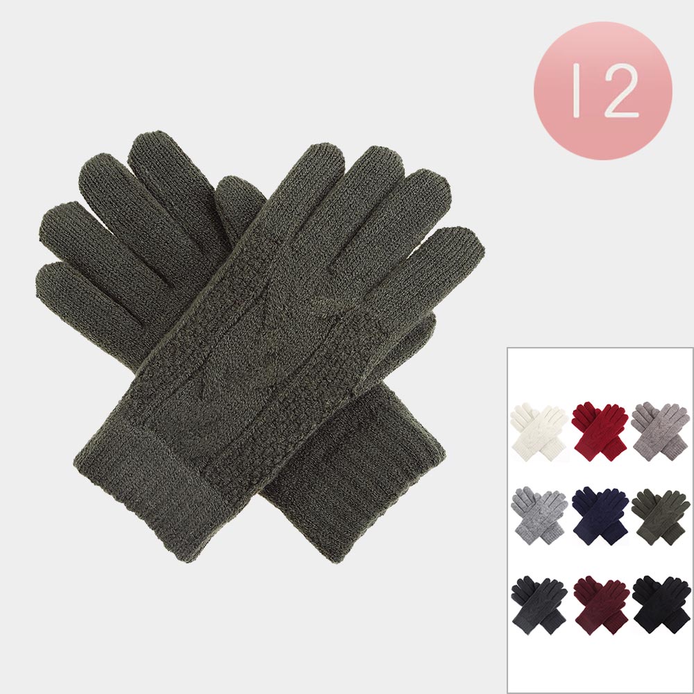 Cable Knit Fleece Lining Gloves 12 Pairs