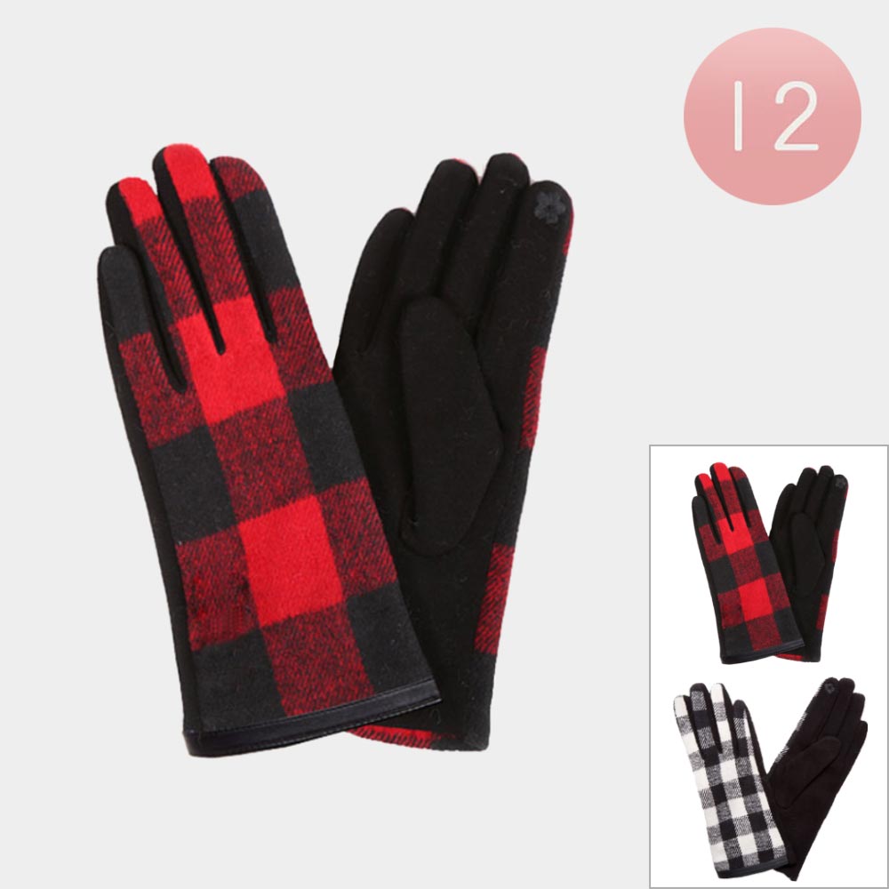 Buffalo Check Smart Touch Gloves 12 Pairs