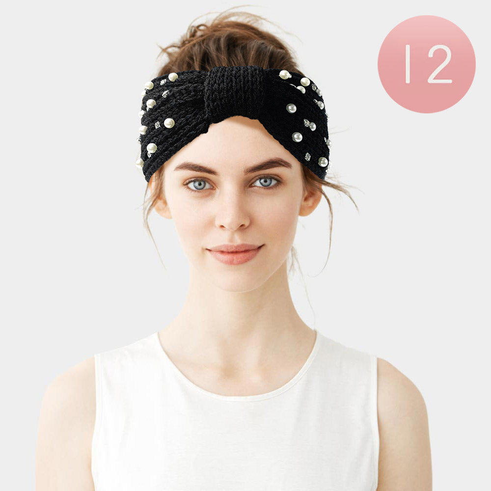 Black 12PCS - Pearl Stone Embellished Bow Knit Earmuff Headbands