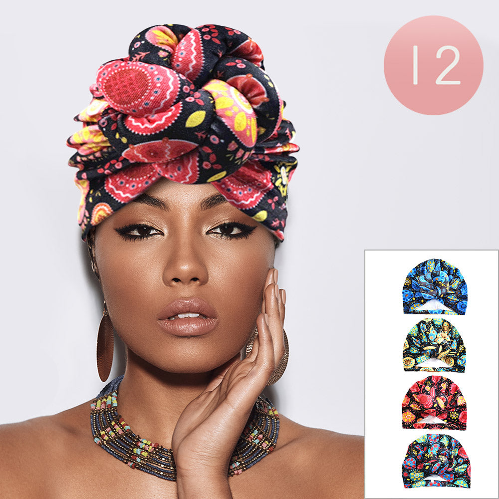 Abstract Patterned Turban Hats 12 Pack