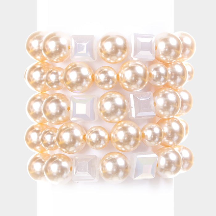 White 5 Layers Pearl Cube Stack Stretch Bracelet