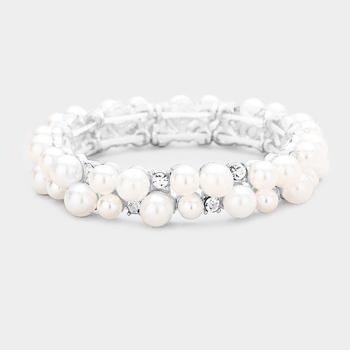 White Stone Pearl Cluster Stretch Evening Bracelet