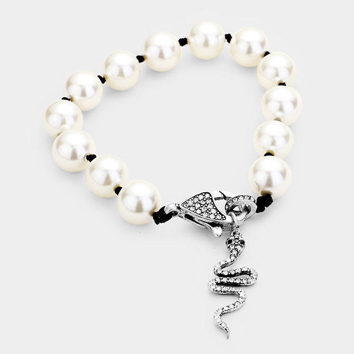 White Pave Snake Pendant Pearl Bracelet
