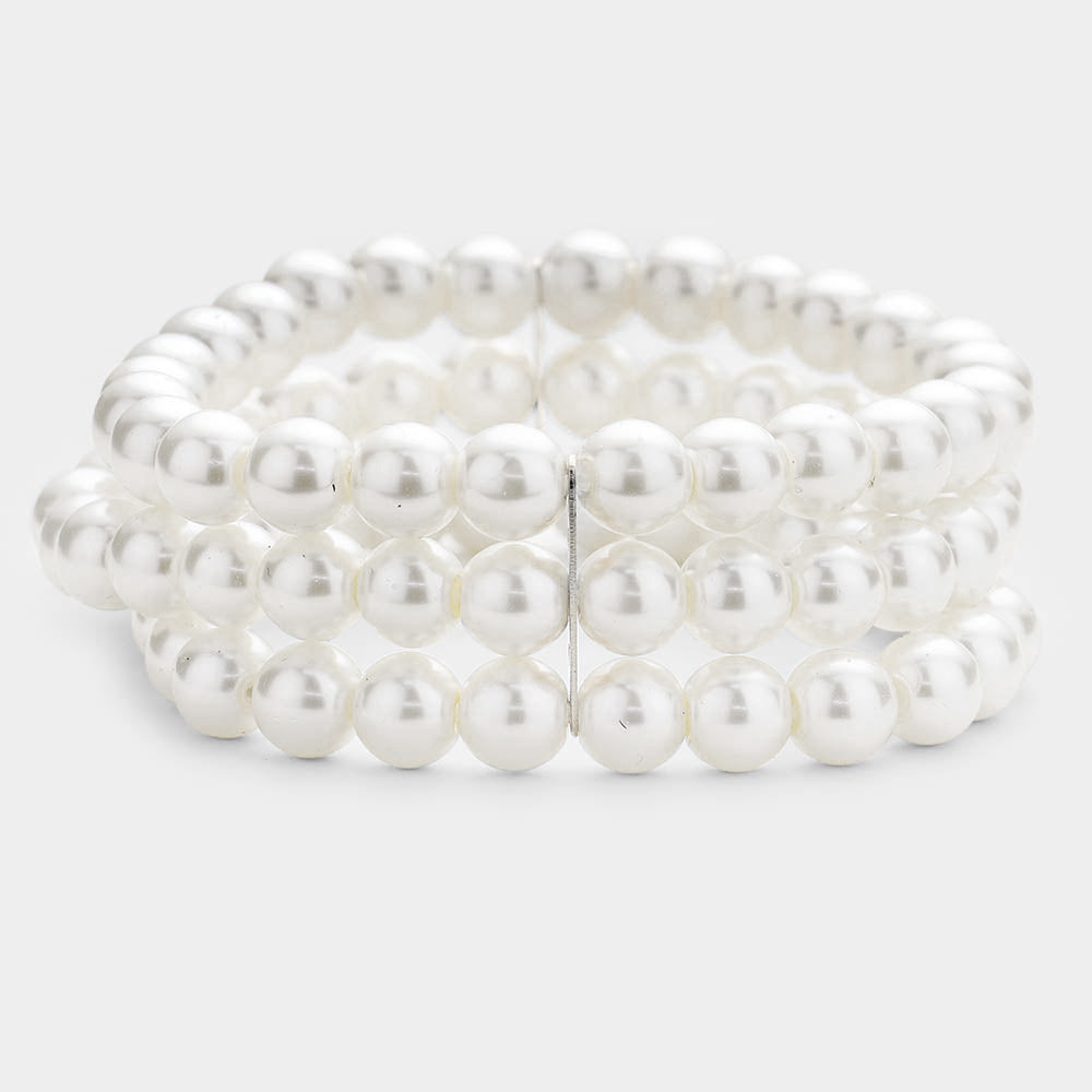 White Multi Layered Pearl Stretch Bracelet