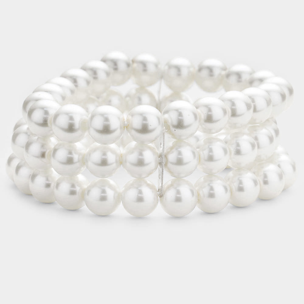 White Multi Layered Pearl Stretch Bracelet