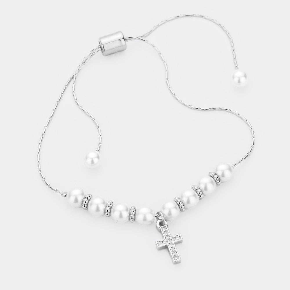 Cream Pearl Cubic Zirconia Pave Cross Adjustable Bracelet