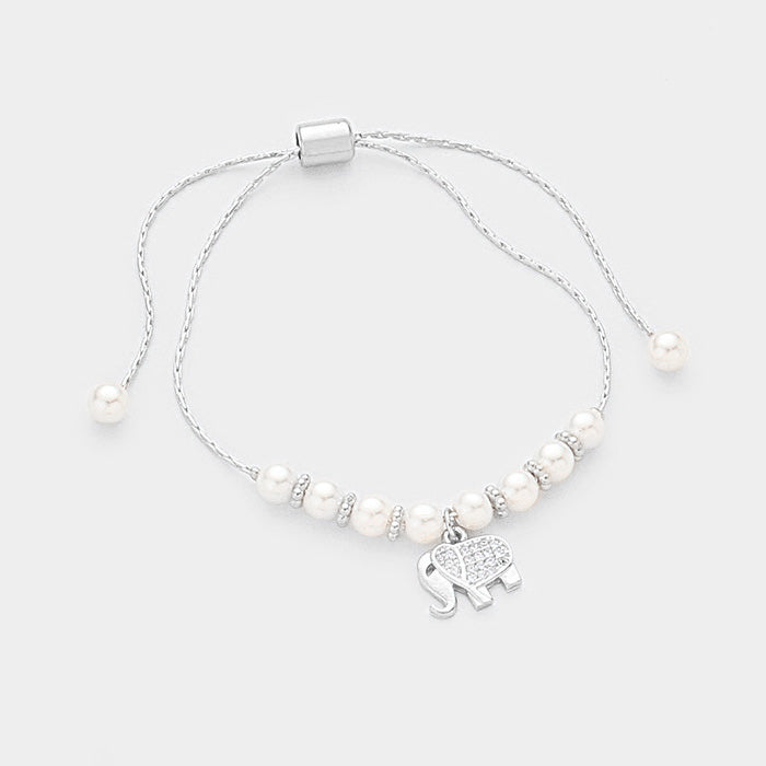 White Pearl Cubic Zirconia Elephant Charm Bracelet