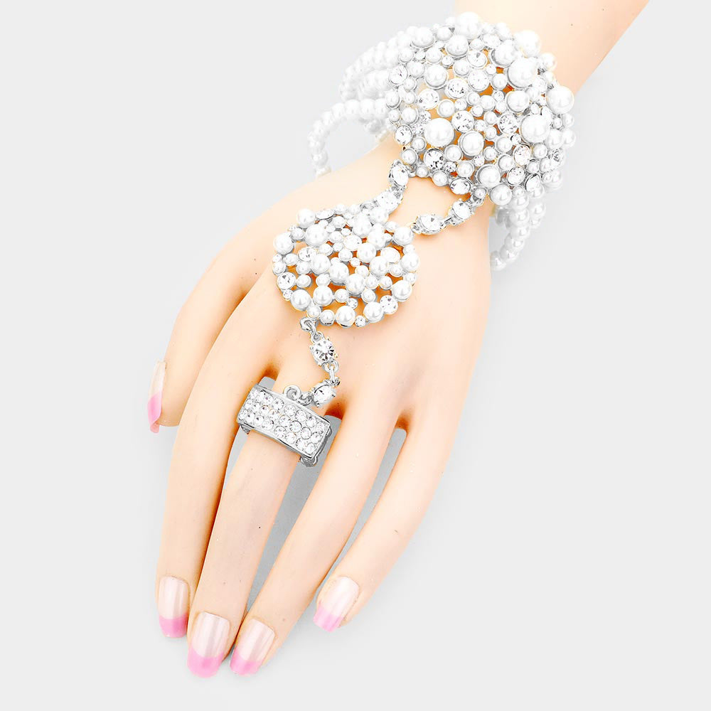 White Pearl Crystal Rhinestone Stretch Hand Chain Bracelet