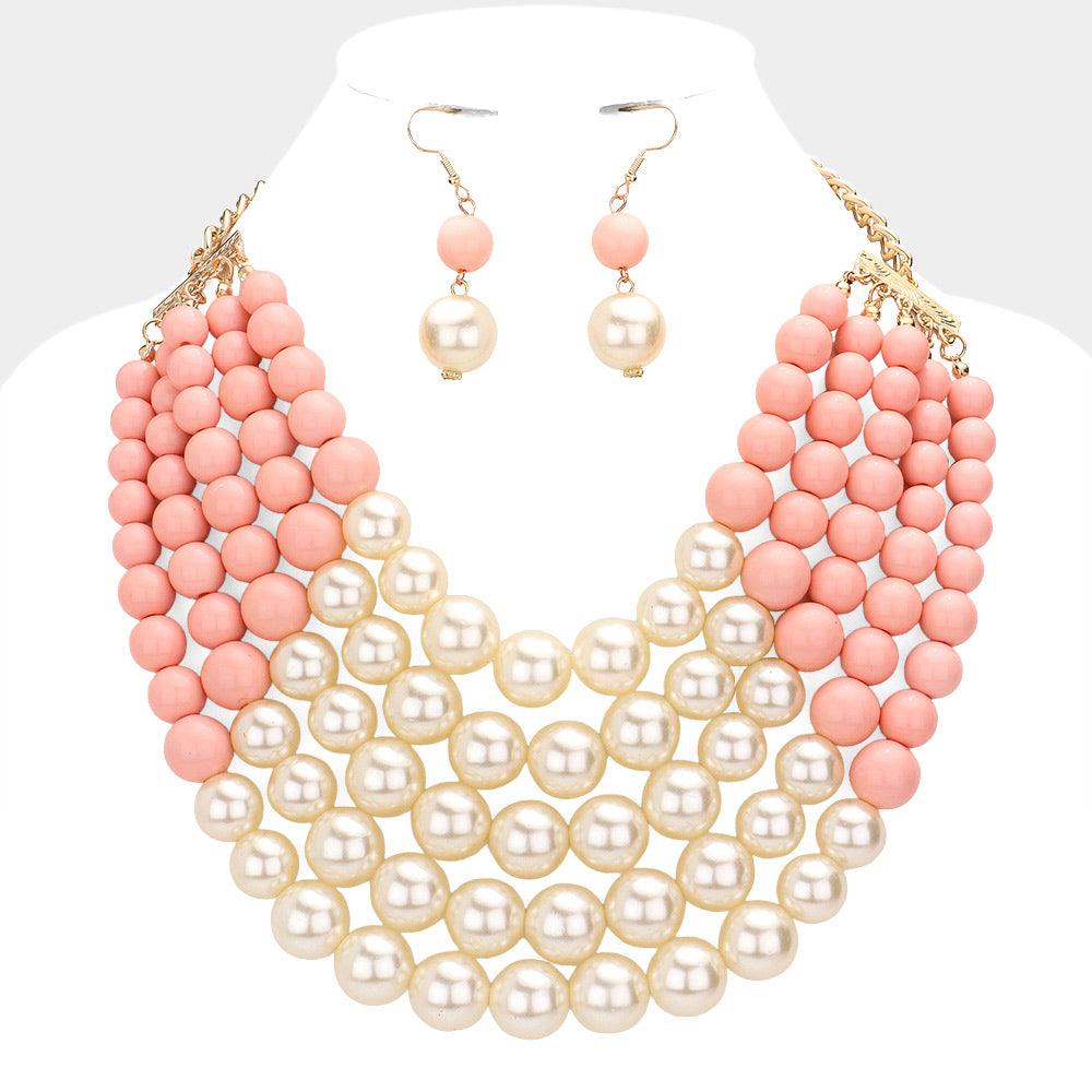 Pink Chunky Multi Strand Pearl Bib Necklace