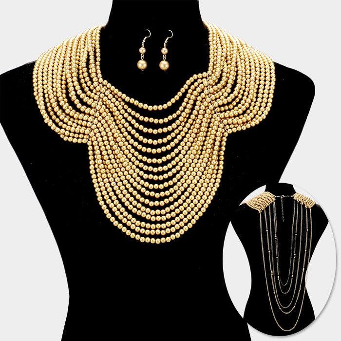 Gold Draped multi-strand pearl bib necklace