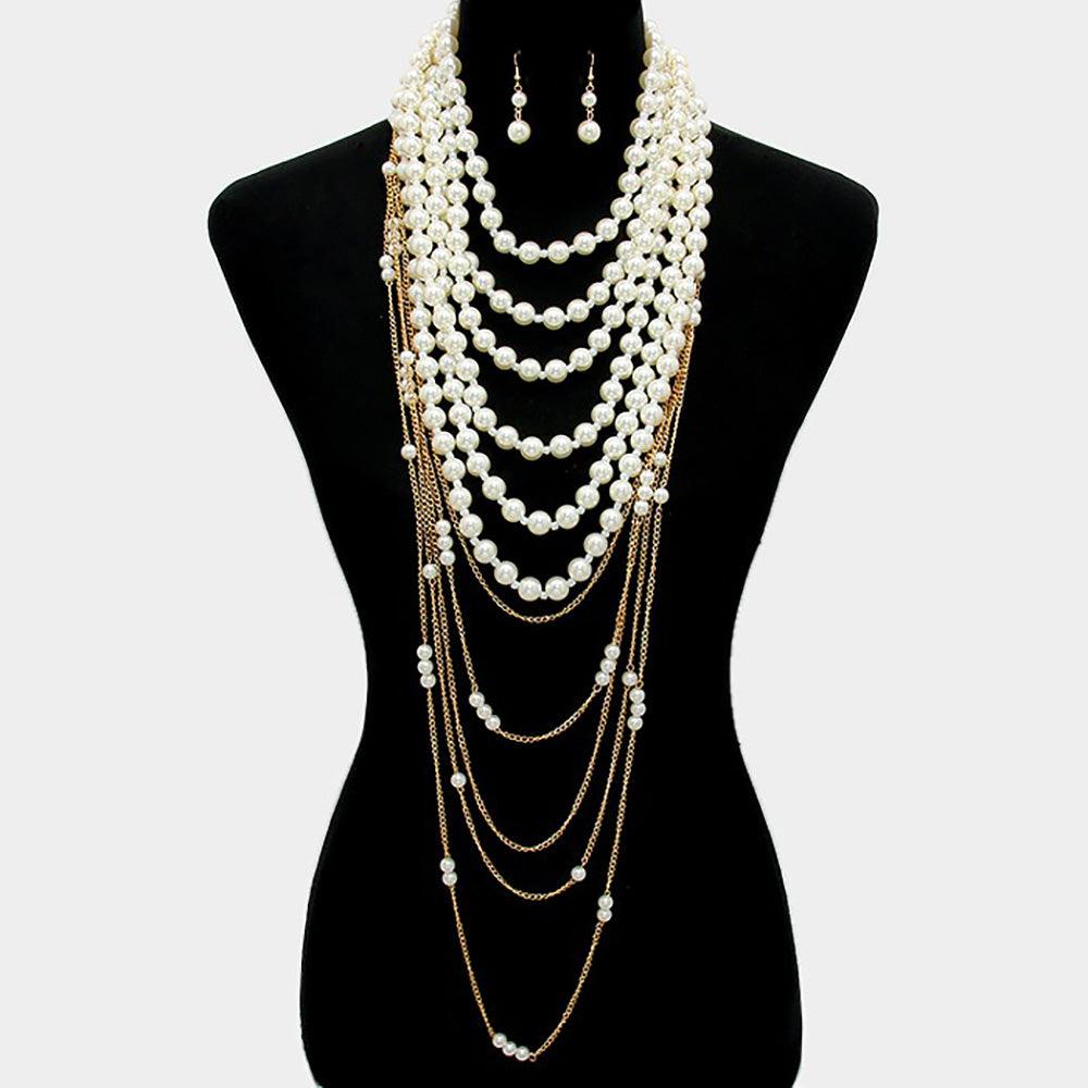 Gold Draped Multi-Layer Pearl Strand Bib Necklace