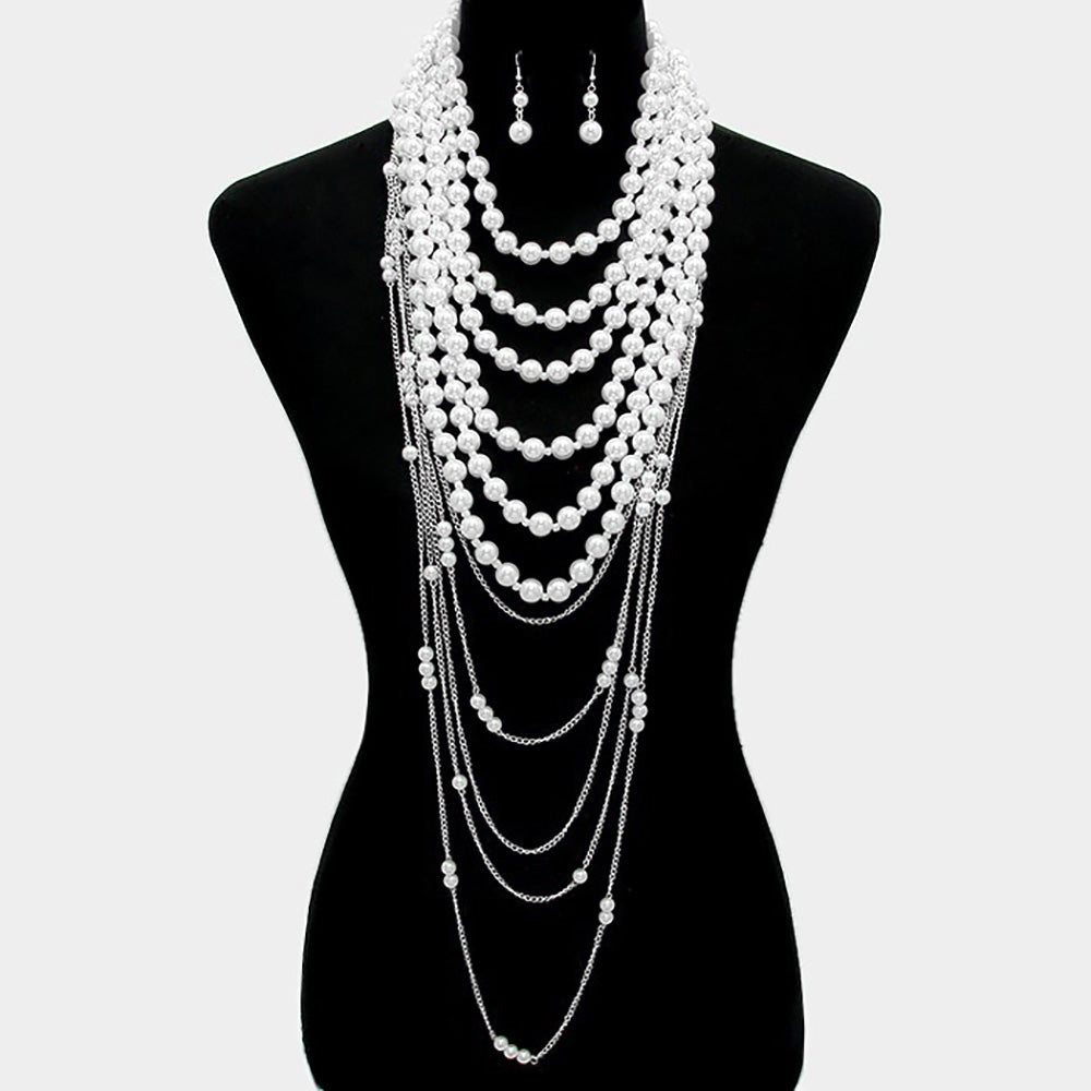 White Draped Multi-Layer Pearl Strand Bib Necklace