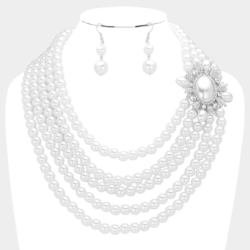 White Oval Pearl Accented Multi Layered Bib Necklace