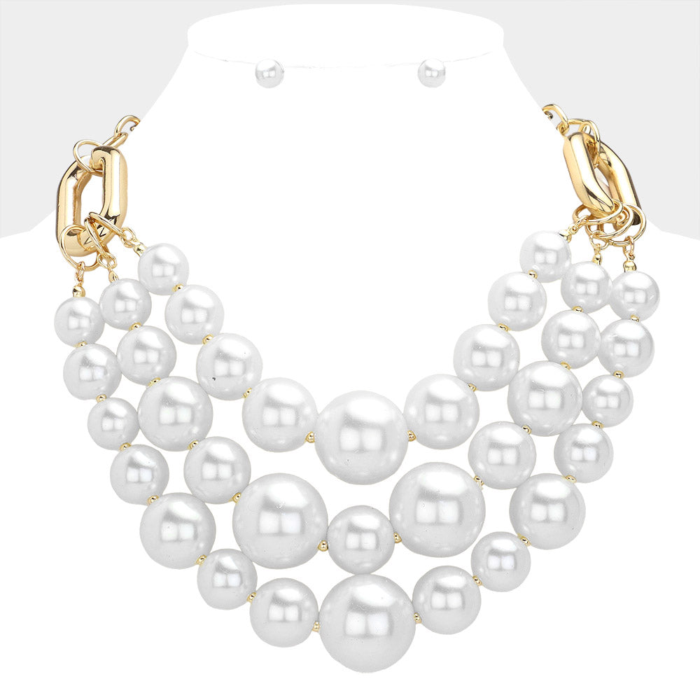 White Triple Pearl Layered Statement Necklace