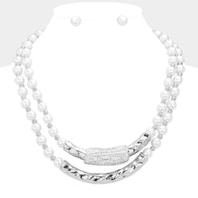 Load image into Gallery viewer, White Bar Pointed Pearl Necklace Rhinestone Paved
