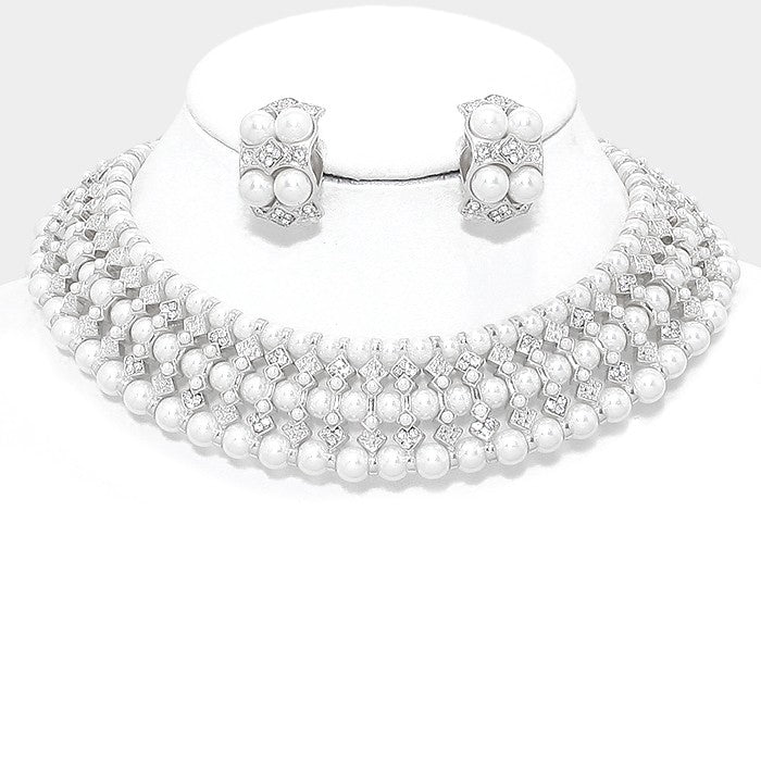 White Pearl Crystal Rhinestone Collar Necklace & Clip Earring Set