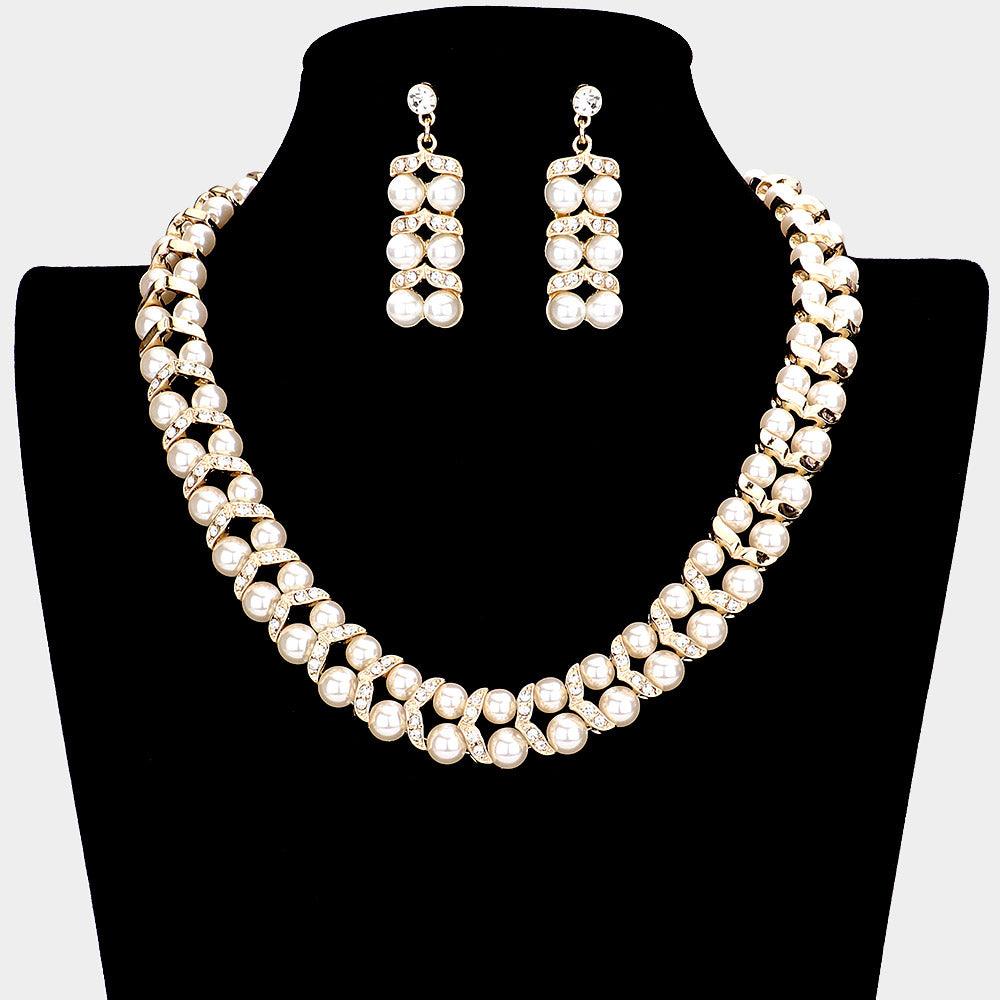 Gold Pearl Crystal Collar Necklace