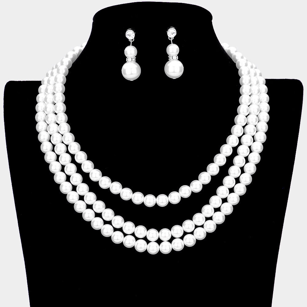 White Pearl Triple Layered Bib Necklace