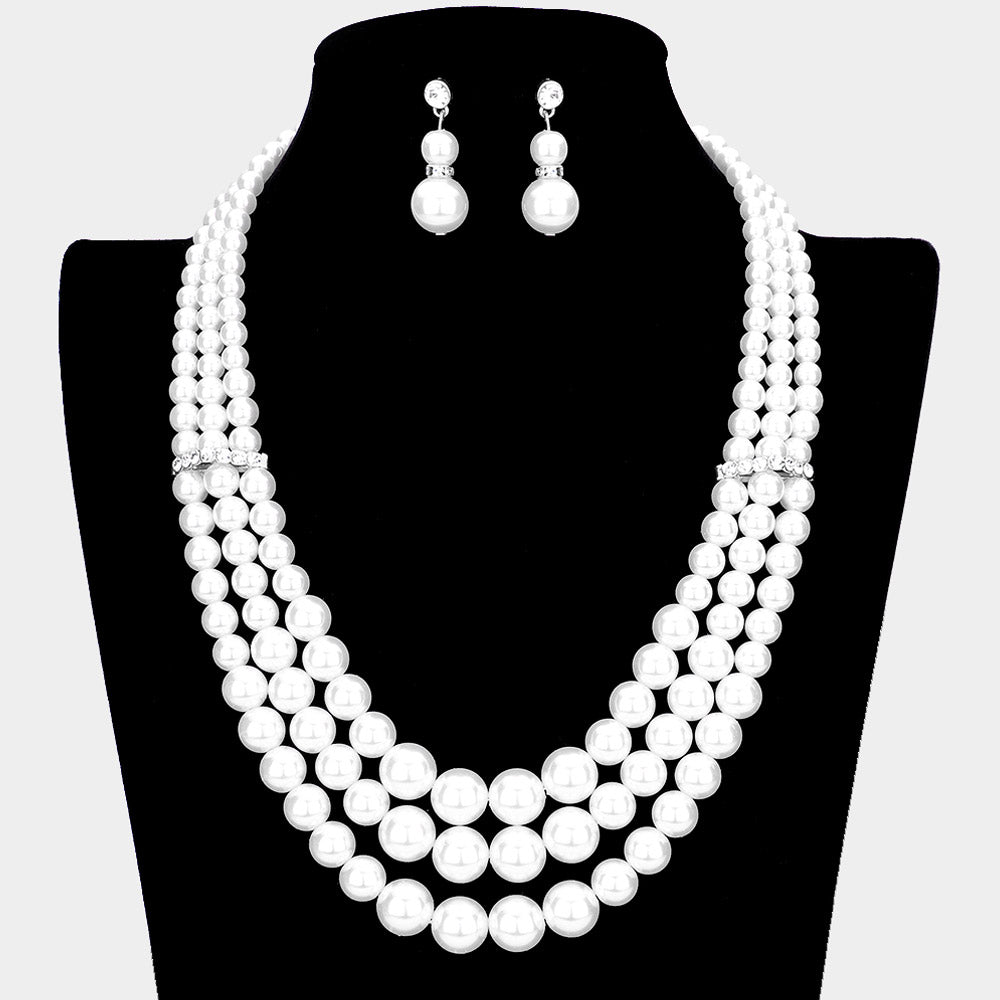 White Pearl Triple Layered Bib Necklace