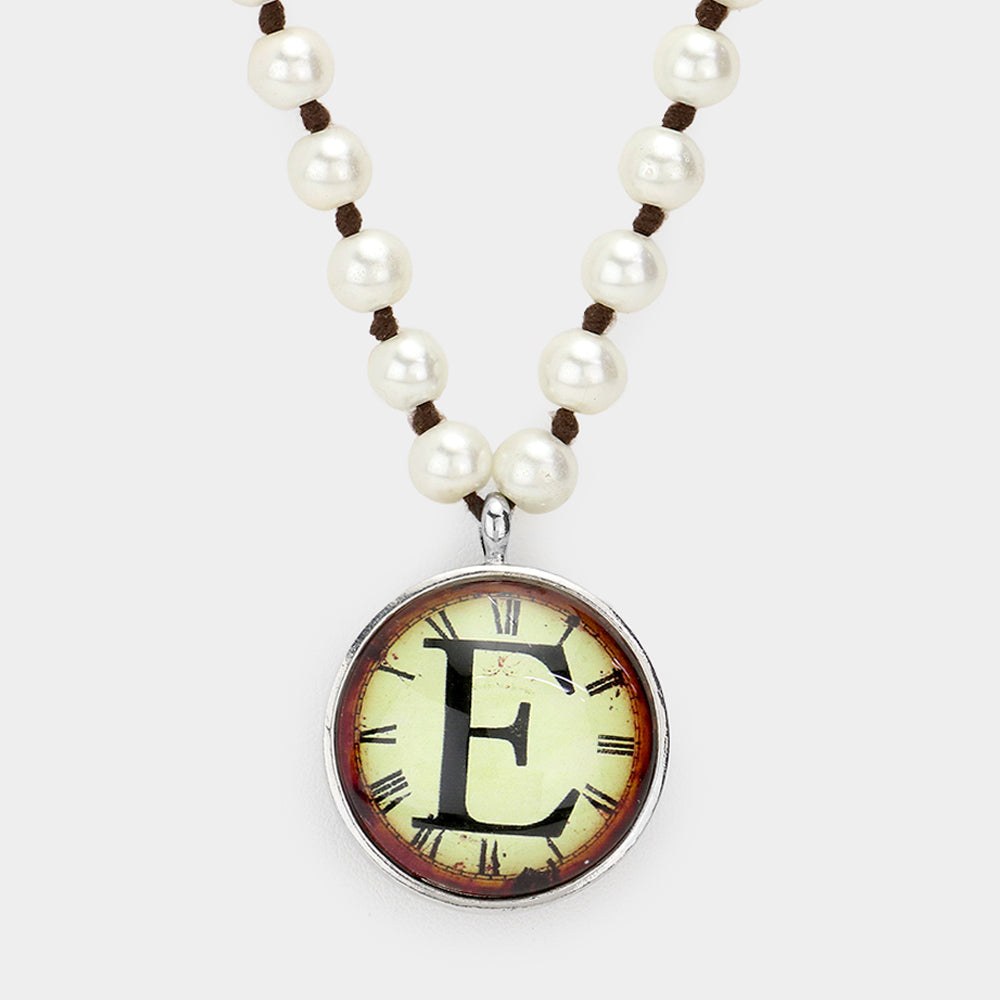 Letter E Monogram Pearl Beaded Watch Printed Long Necklace