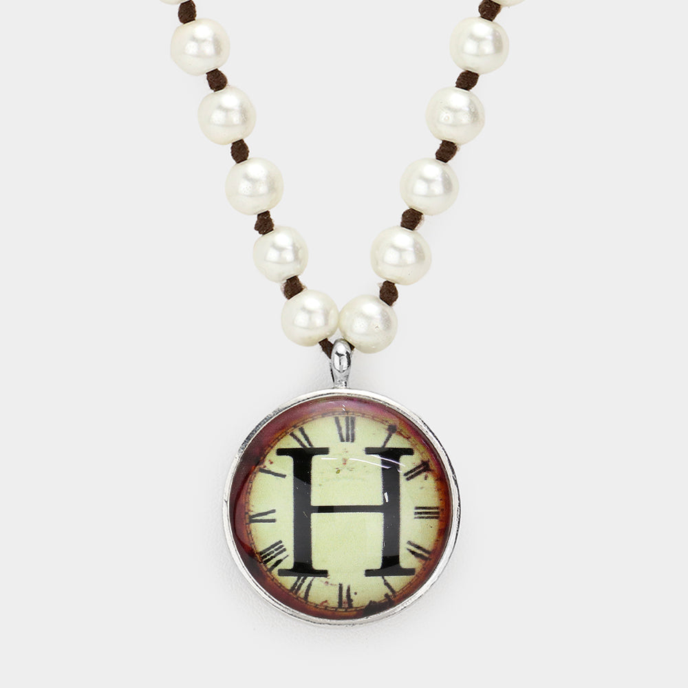 Letter H Monogram Pearl Beaded Watch Printed Long Necklace