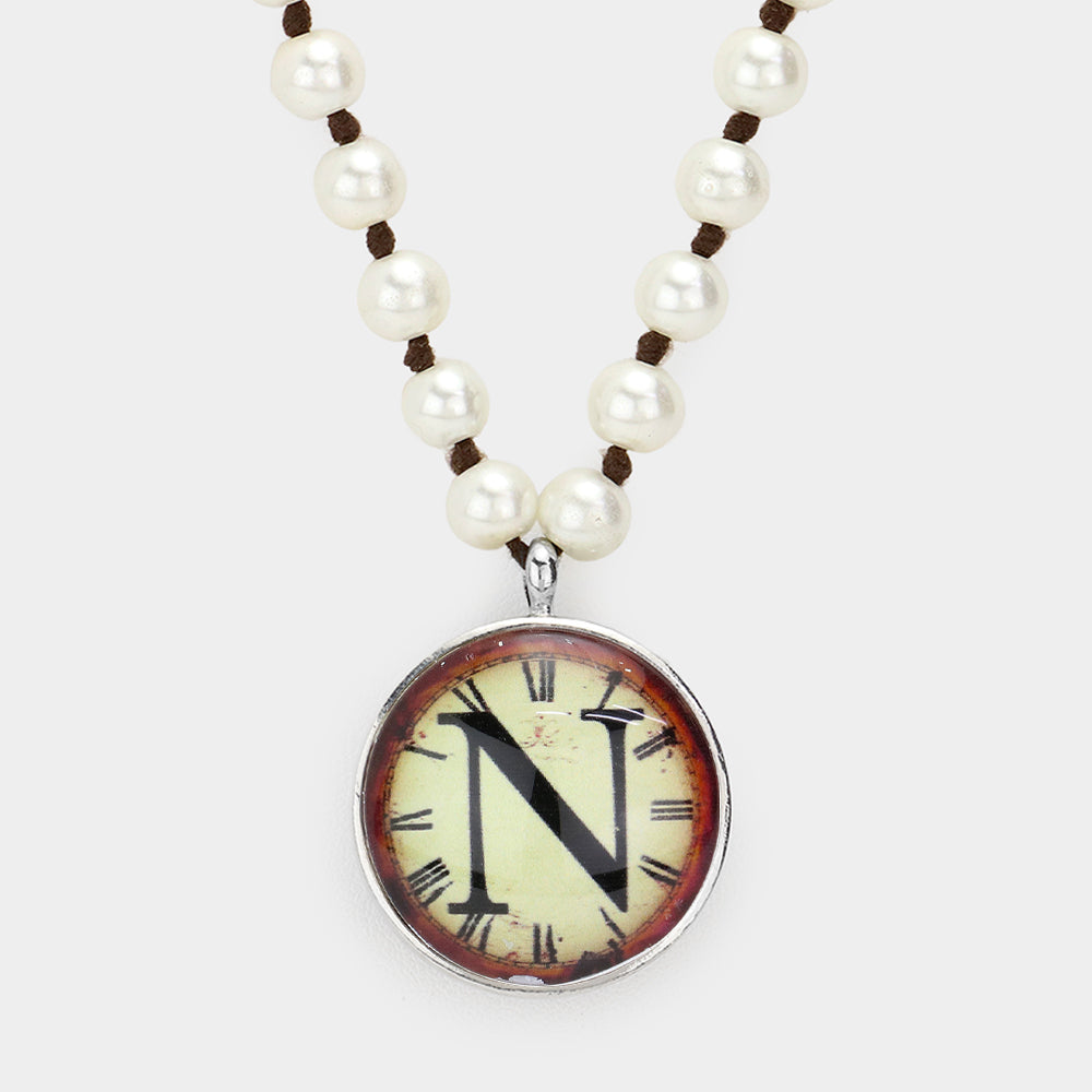 Letter N Monogram Pearl Beaded Watch Printed Long Necklace