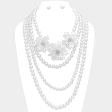 Load image into Gallery viewer, White Triple Pearl Flower Accented Multi Layered Statement Necklace
