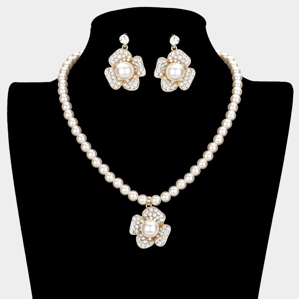 Gold Floral Pearl Collar Necklace Rhinestone Paved