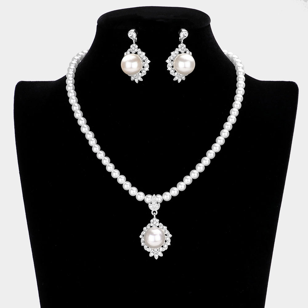 White Pearl Centered Rhinestone Embellished Necklace