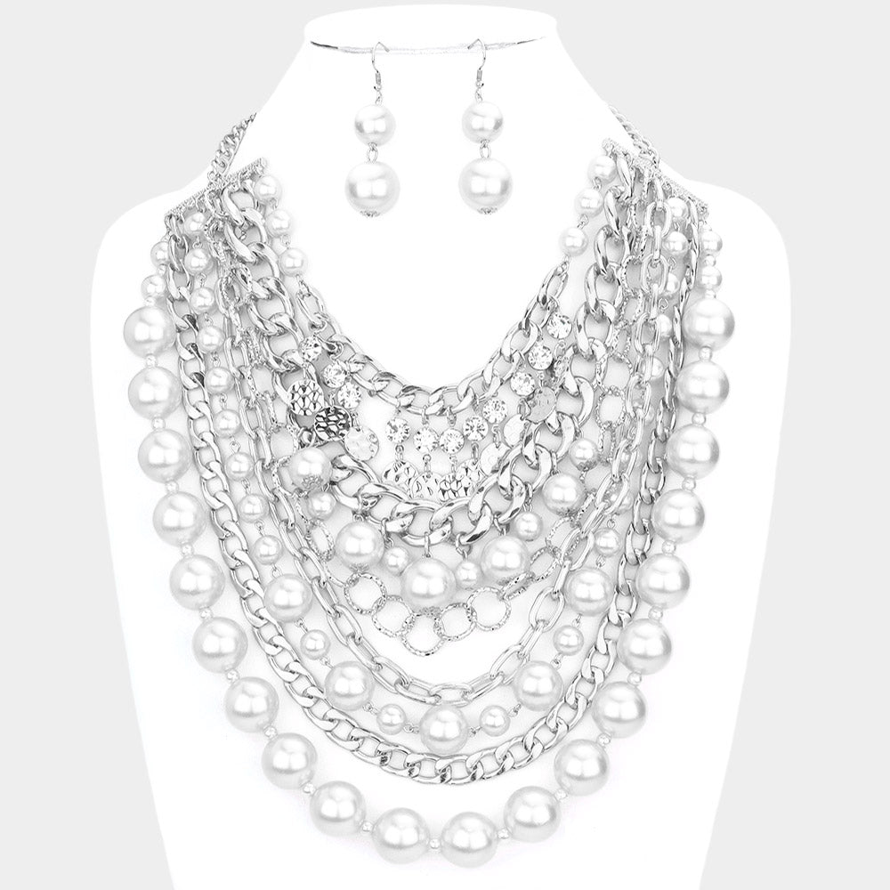 White Stone Charm Chain Pearl Bib Necklace