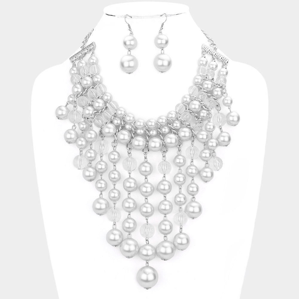 White Pearl Lucite Bead Fringe Statement Necklace