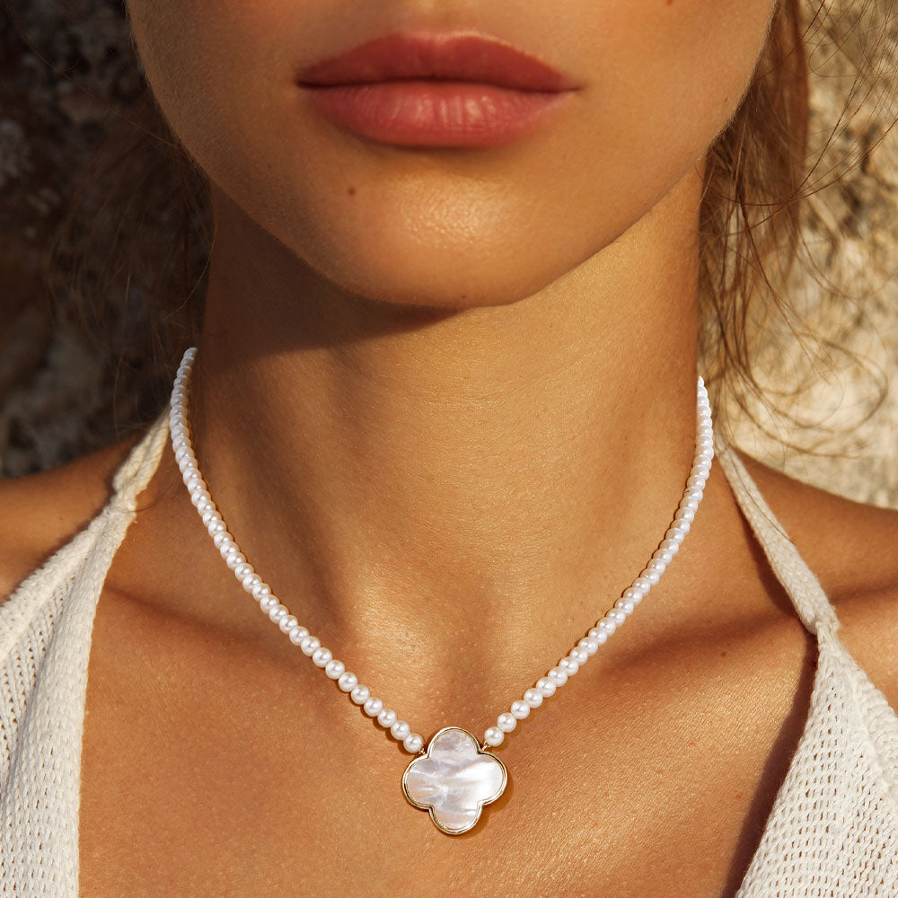 White White Gold Dipped Mother of Pearl Quatrefoil Pendant Necklace