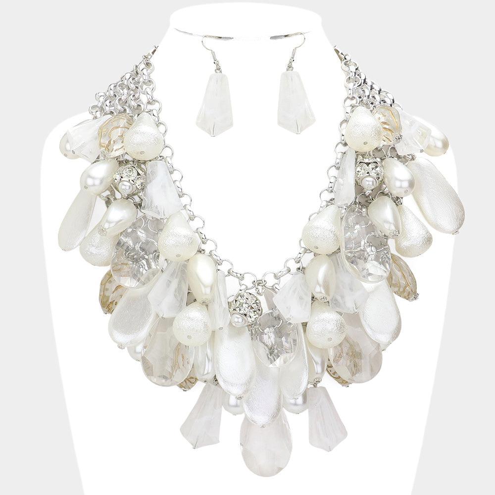 White Pearl Lucite Teardrop Cluster Vine Necklace