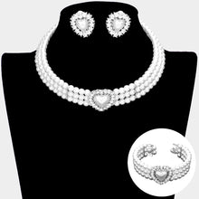 Load image into Gallery viewer, White 3 Piece Pearl Heart Pendant 3-Row Choker Necklace Jewelry Set
