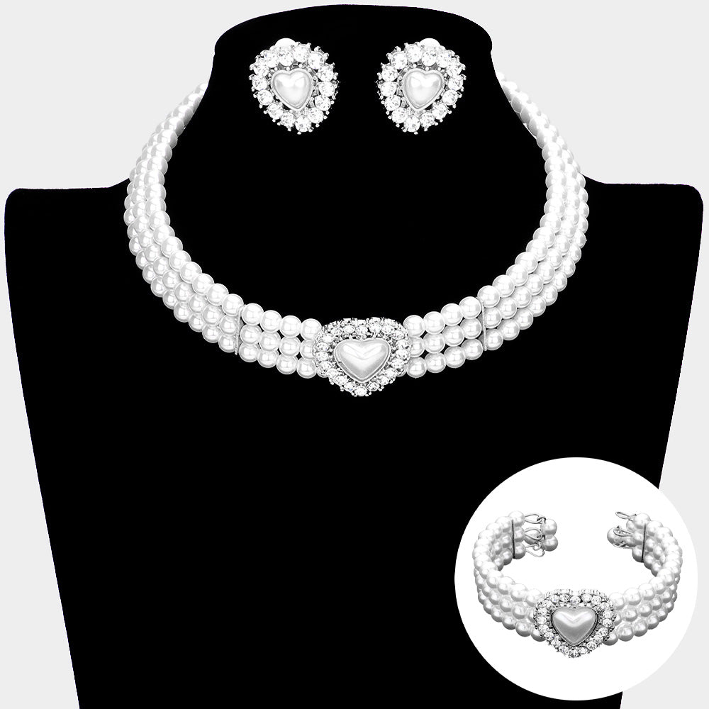 White 3 Piece Pearl Heart Pendant 3-Row Choker Necklace Jewelry Set