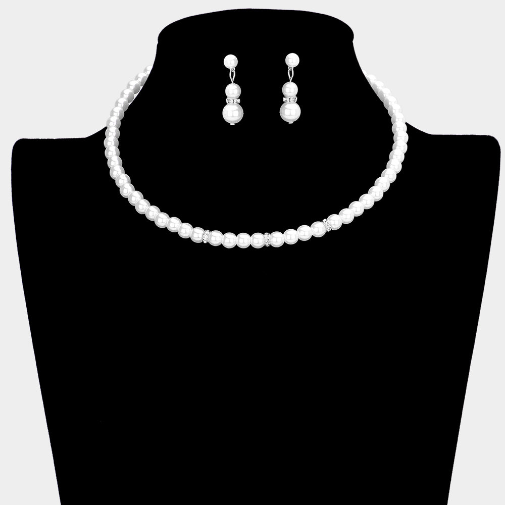 White Crystal Detail Pearl Choker Necklace