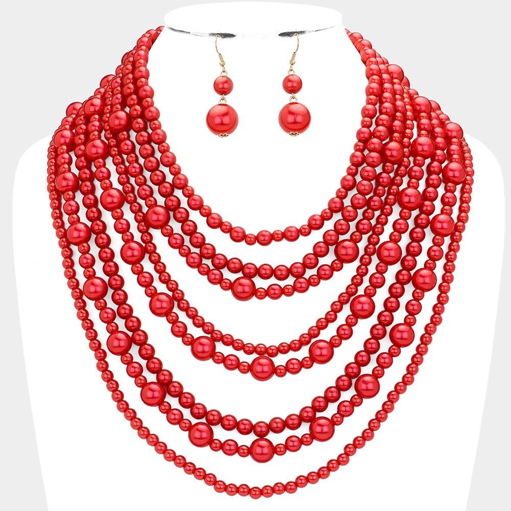 Red Pearl Multi Strand Bib Necklace