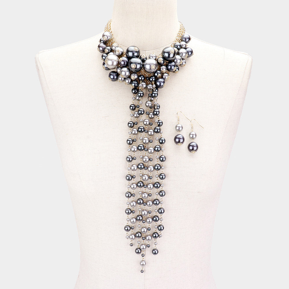 Gray Pearl Cluster Vine Fringe Bib Necklace