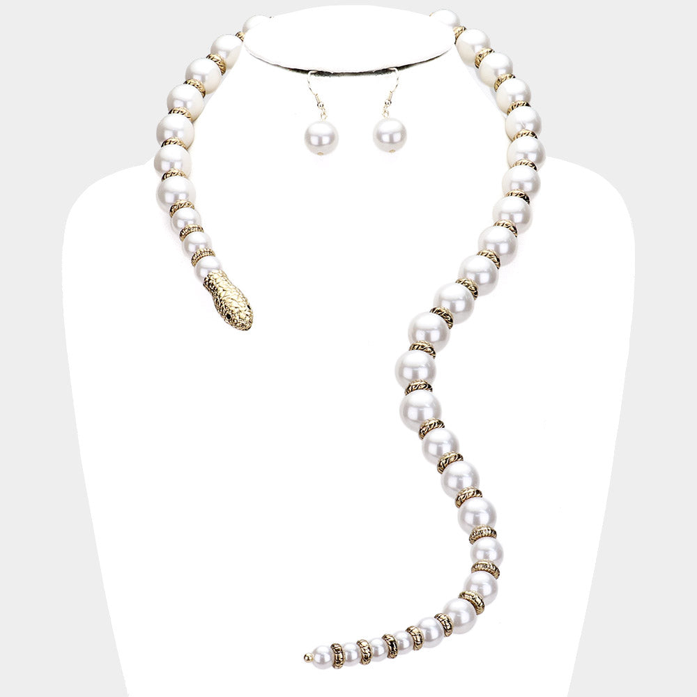 White Pearl Beaded Snake Open Necklace