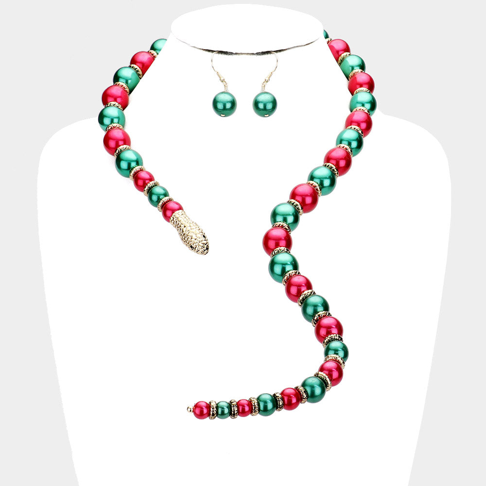 Red Pearl Beaded Snake Open Necklace