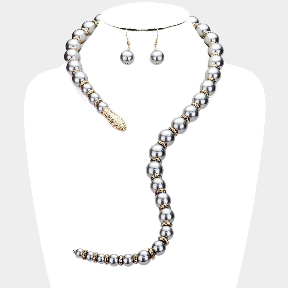 Gray Pearl Beaded Snake Open Necklace