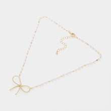 Load image into Gallery viewer, White Textured Metal Bow Pendant Pointed Pearl Station Necklace
